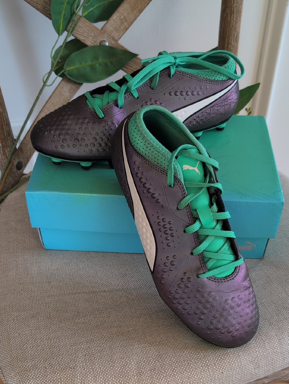 PUMA ONE 4 Syn FG JR Soccer Shoes, Youth Kids Size 5.5 US, Silver, Green 1732